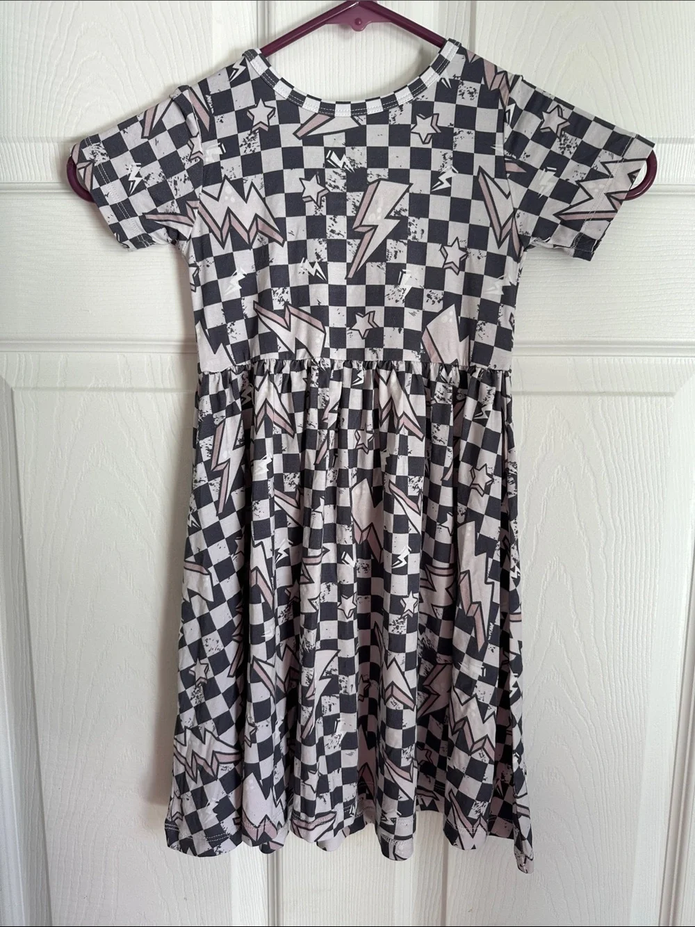 Girls' Black & White Checkerboard Dress with Lightning Motif - Wild Fable